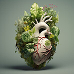 Plants growing from heart. Strong, healthy heart concept. Sustainable disease prevention