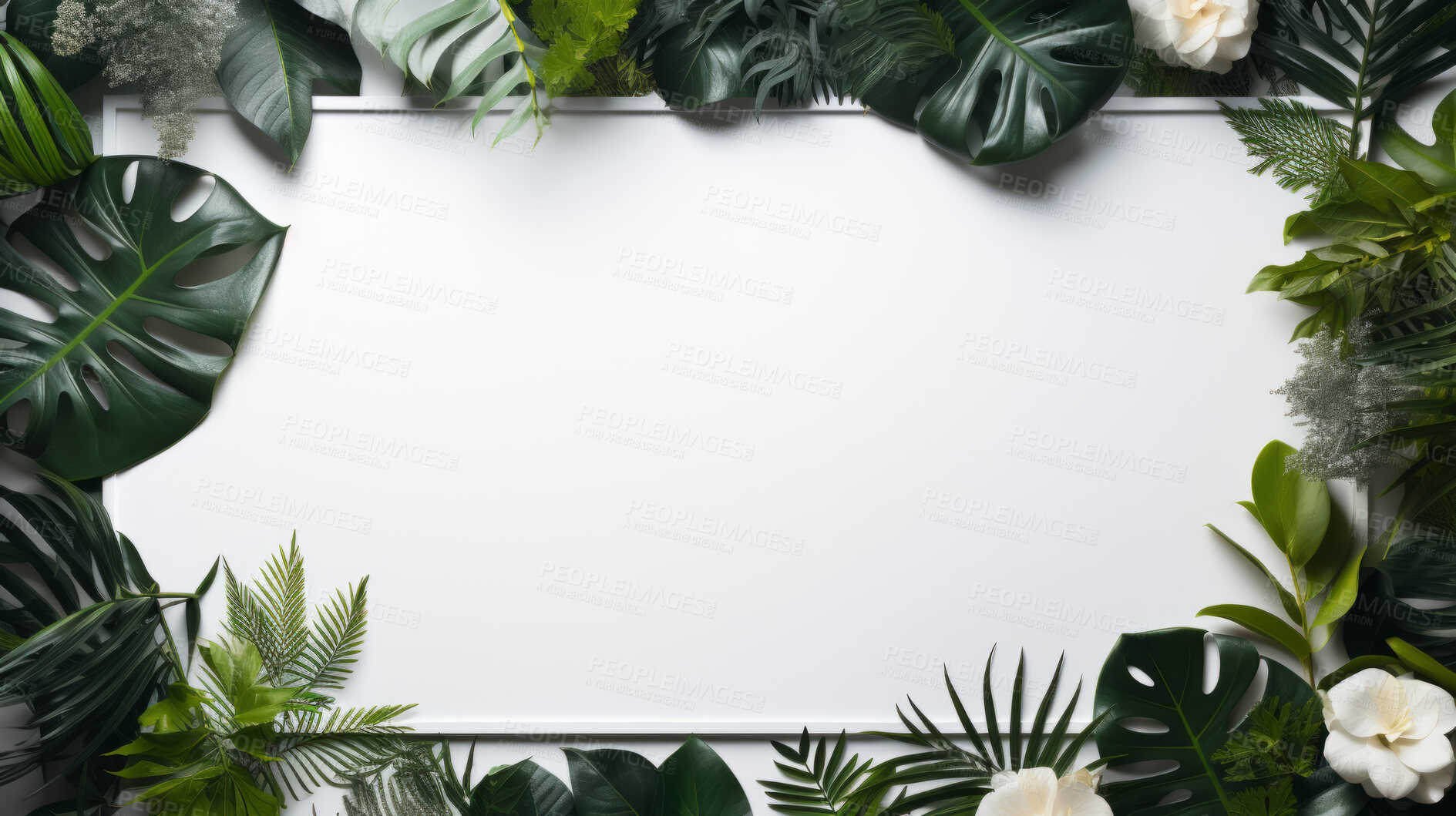 Buy stock photo A frame of tropical leaves around a white empty space. Copy space concept.