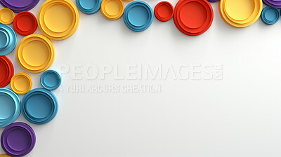 Buy stock photo A frame of 3d colorful shapes on edges of a white empty space. Copy space concept.