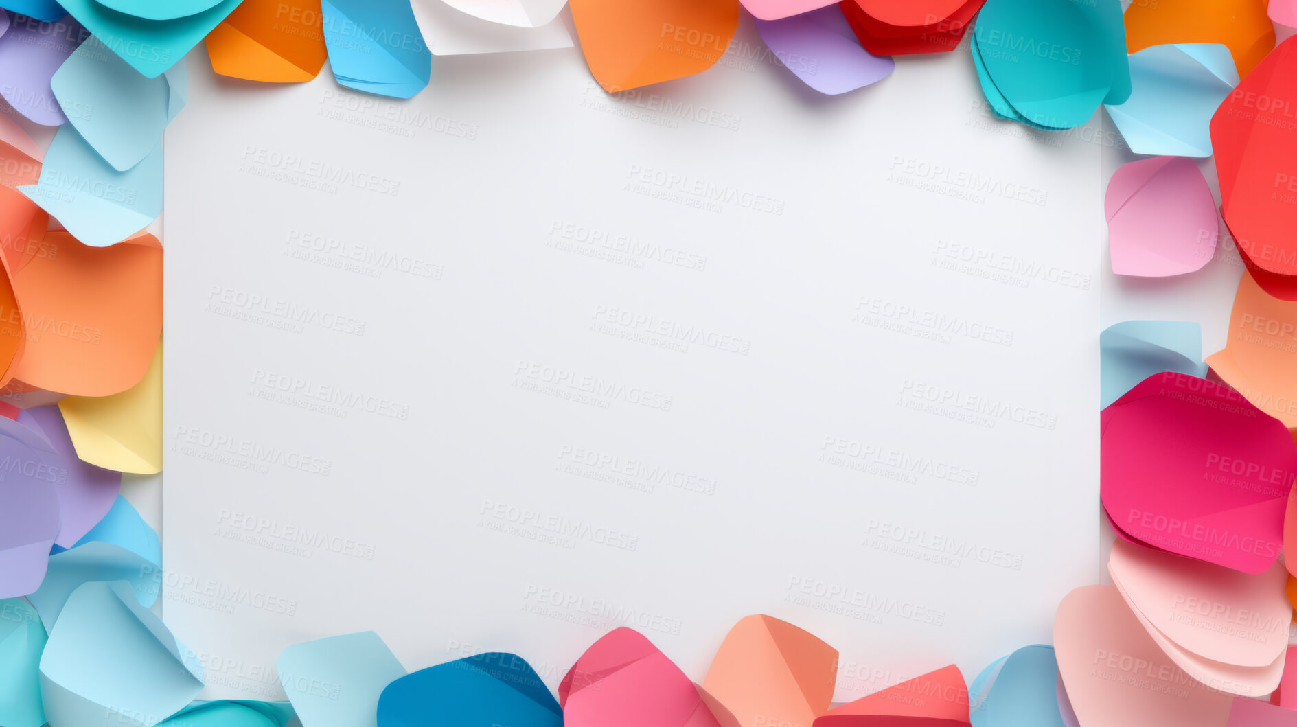 Buy stock photo A frame of paper colorful shapes around a white empty space. Copy space concept.