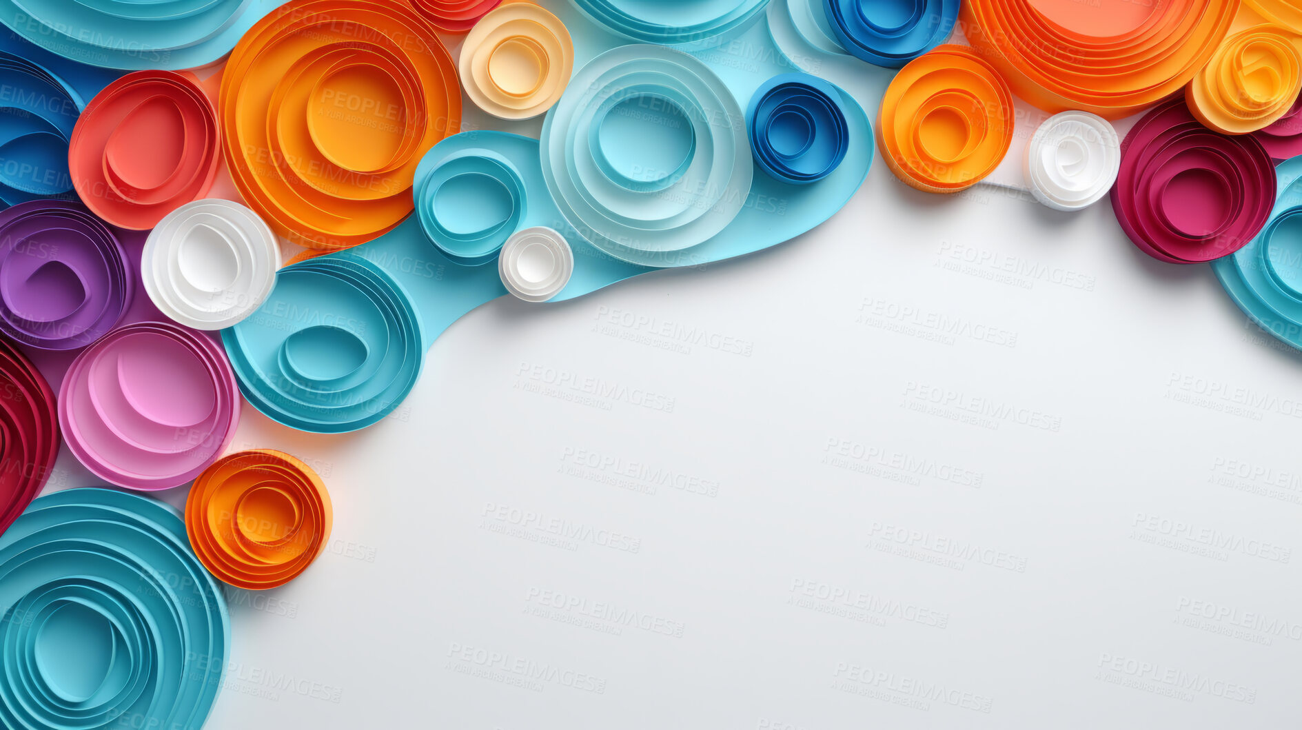 Buy stock photo A frame of 3d colorful shapes on a white empty space. Copy space concept.