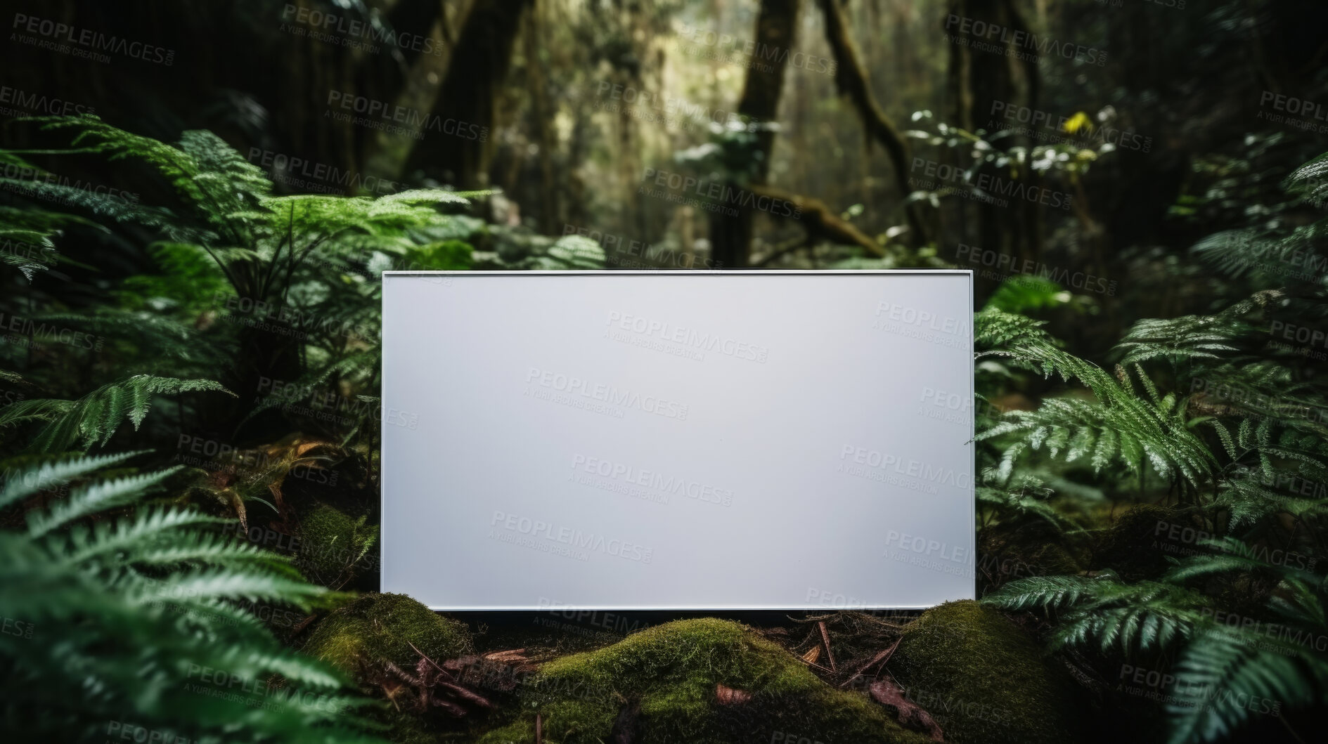 Buy stock photo Tropical leaves around a white empty space in jungle. Copy space concept.