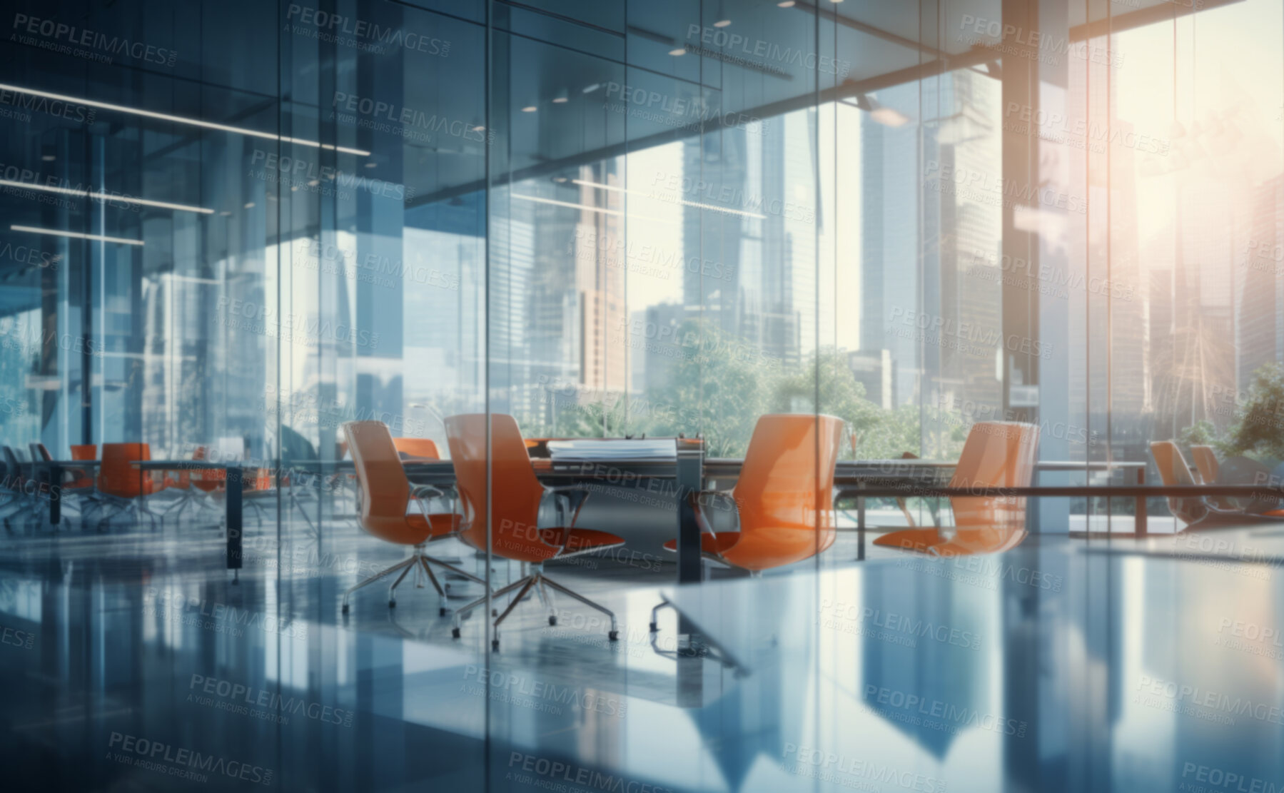 Buy stock photo Modern open office interior for corporate business or call centre with blurred background