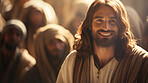 Portrait of Jesus smiling with christian and flock in background for worship