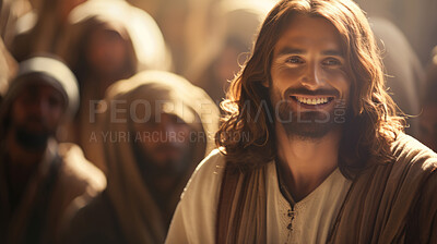 Portrait of Jesus smiling with christian and flock in background for worship