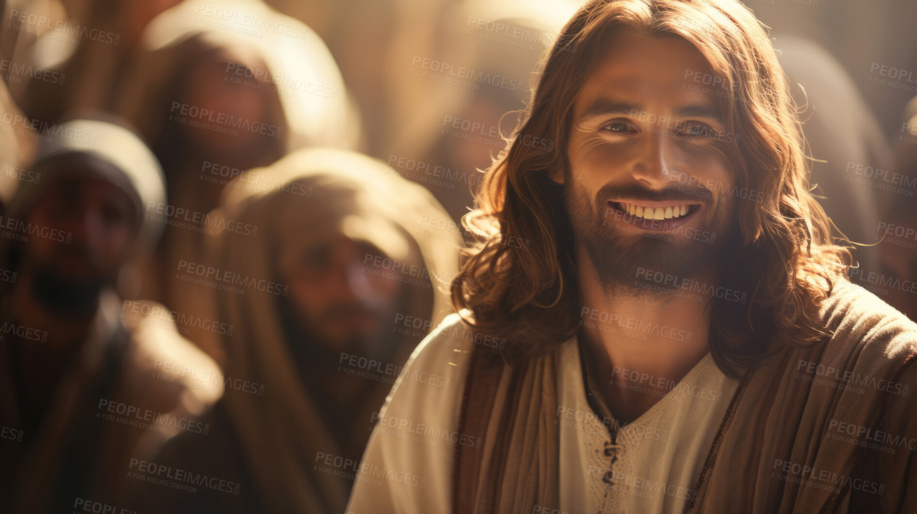 Buy stock photo Portrait of Jesus smiling with christian and flock in background for worship