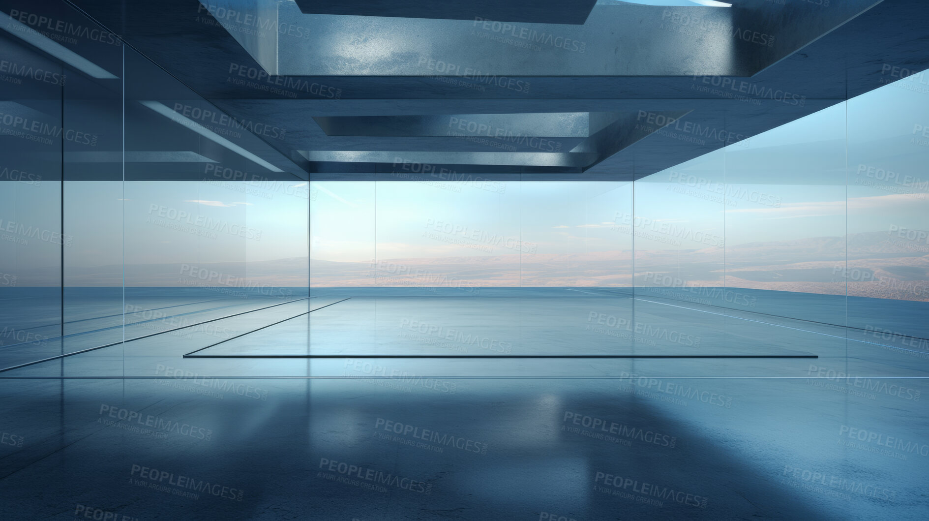 Buy stock photo Blank concrete and glass space interior, 3d rendering or platform for product display