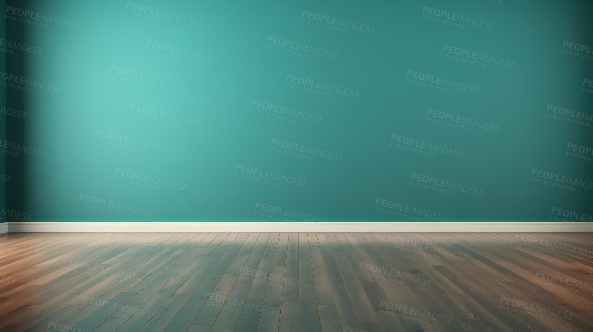 Buy stock photo Interior empty room 3D render. With teal painted wall, modern house or living room mockup