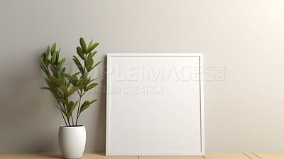 Canvas mockup against beige wall. Empty canvas on table top for your design.