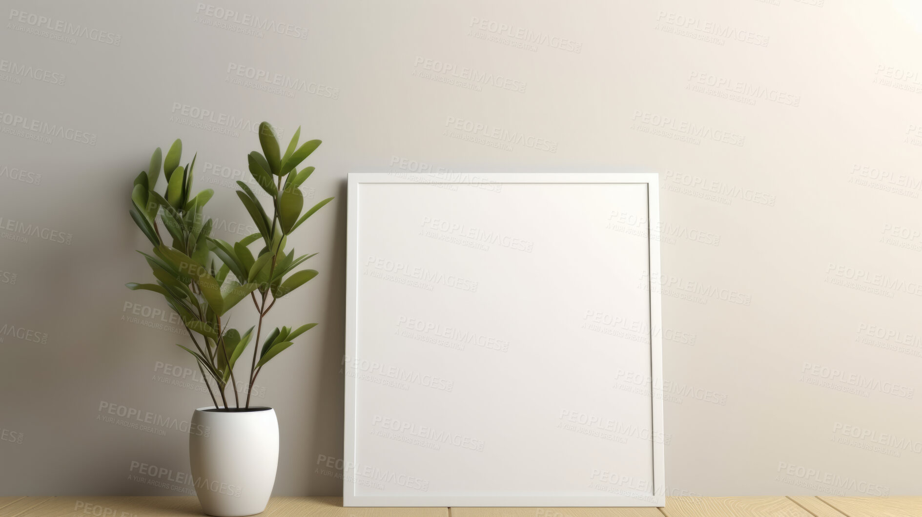 Buy stock photo Canvas mockup against beige wall. Empty canvas on table top for your design.