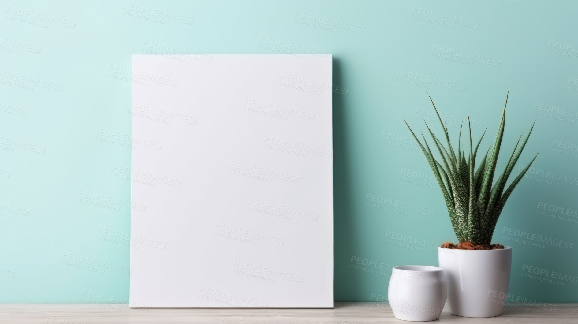 Buy stock photo Canvas mockup against blue wall. Empty canvas on table top for your design.