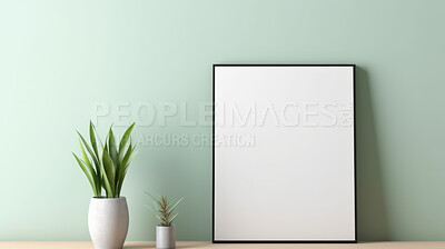 Canvas mockup against green wall. Empty canvas on table top for your design.