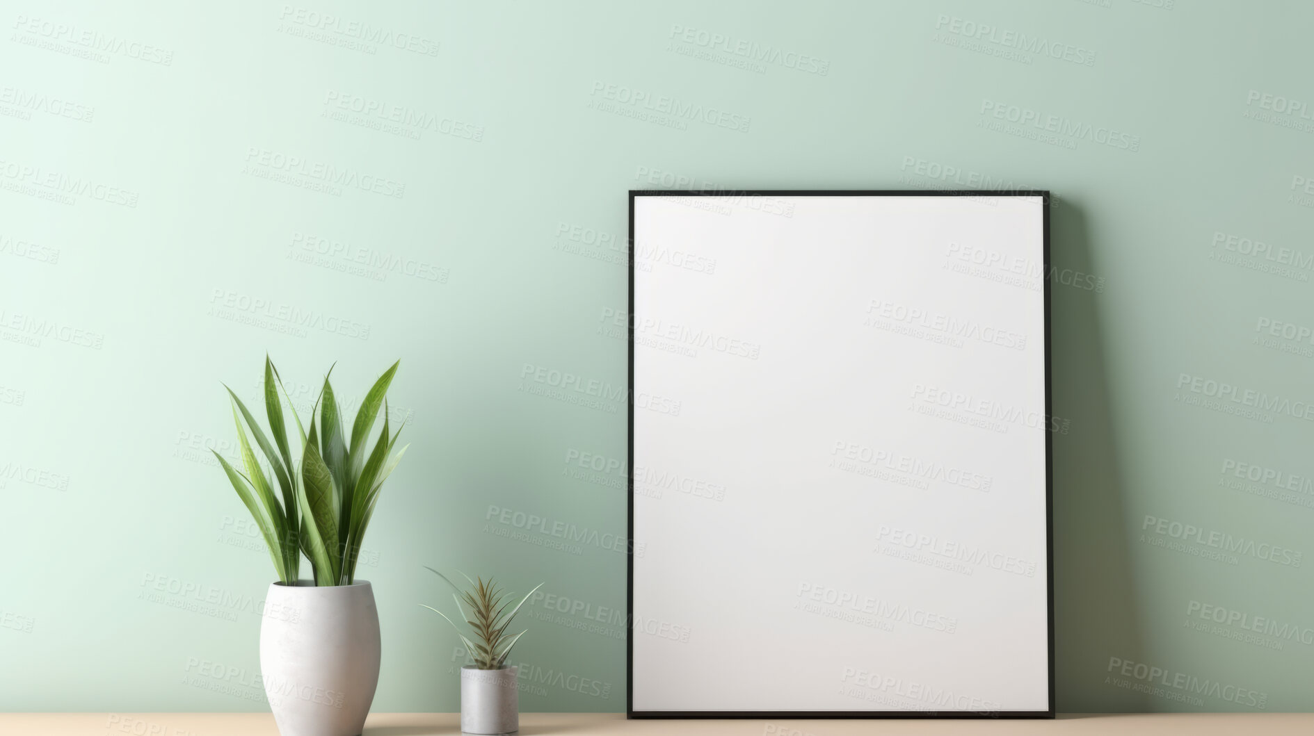 Buy stock photo Canvas mockup against green wall. Empty canvas on table top for your design.