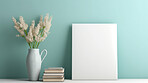 Canvas mockup against blue wall. Empty canvas on table top for your design.