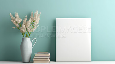 Buy stock photo Canvas mockup against blue wall. Empty canvas on table top for your design.