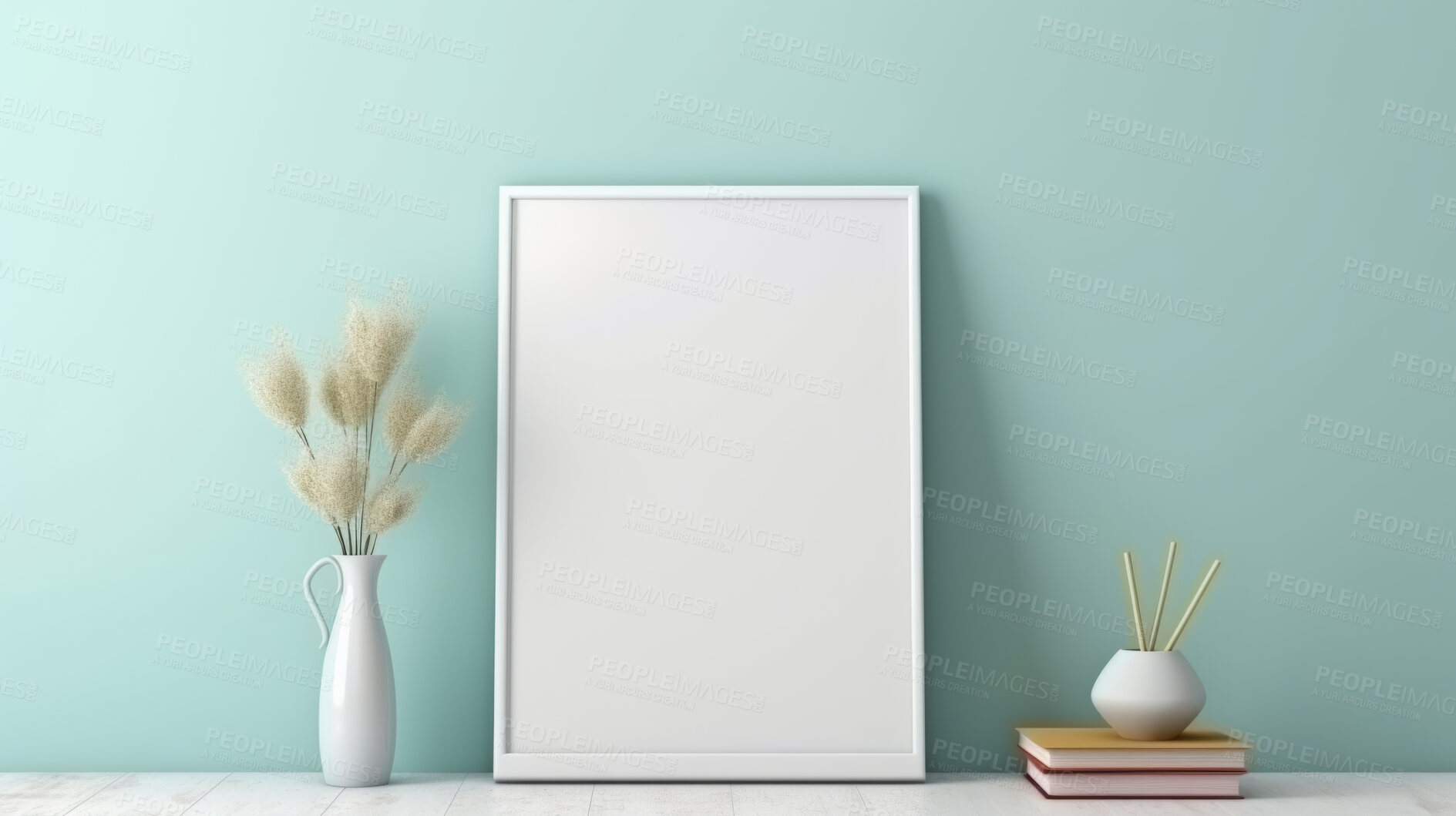 Buy stock photo Canvas mockup against blue wall. Empty canvas on table top for your design.