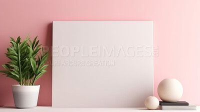 Canvas mockup against pink wall. Empty canvas on table top for your design.