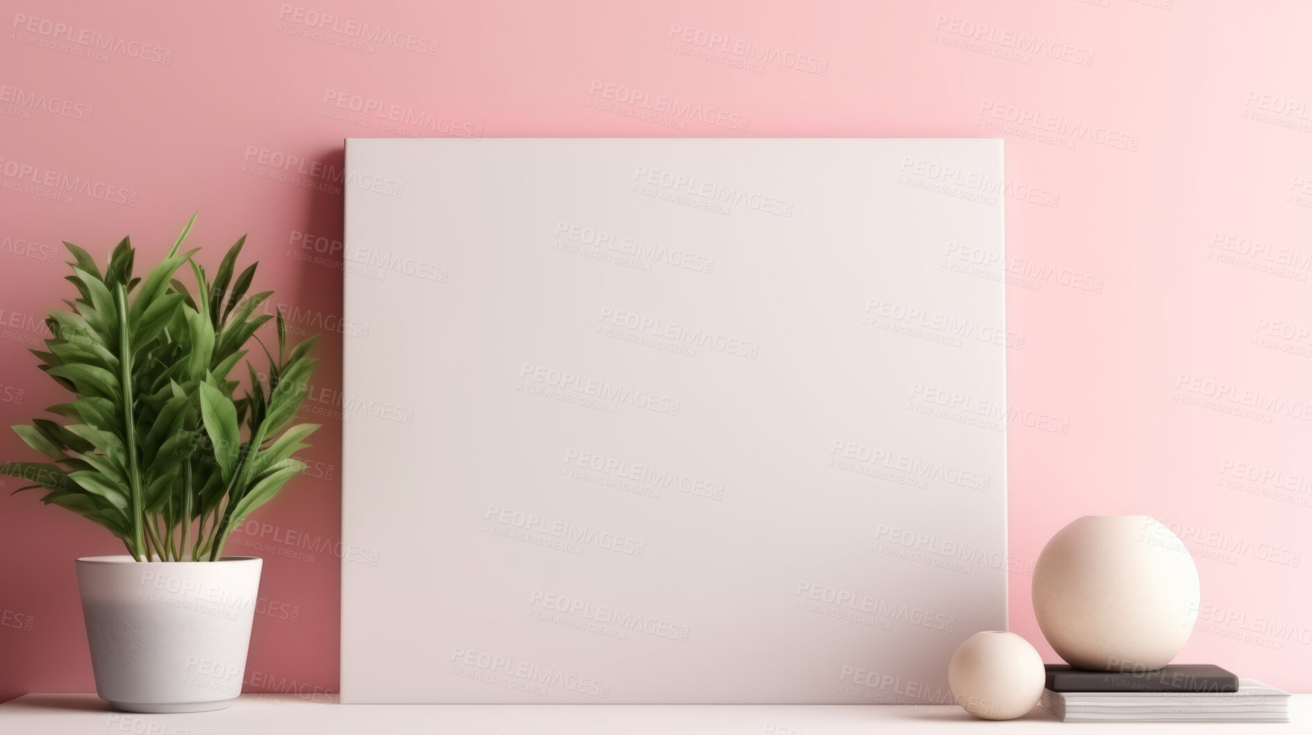 Buy stock photo Canvas mockup against pink wall. Empty canvas on table top for your design.