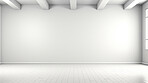 Minimal abstract empty interior background. White walls, wooden floor.