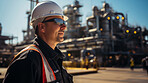 Portrait of man, oil rig engineer wearing glasses, in industrial plant.