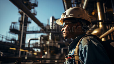 Portrait of man, oil rig engineer wearing glasses, in industrial plant.