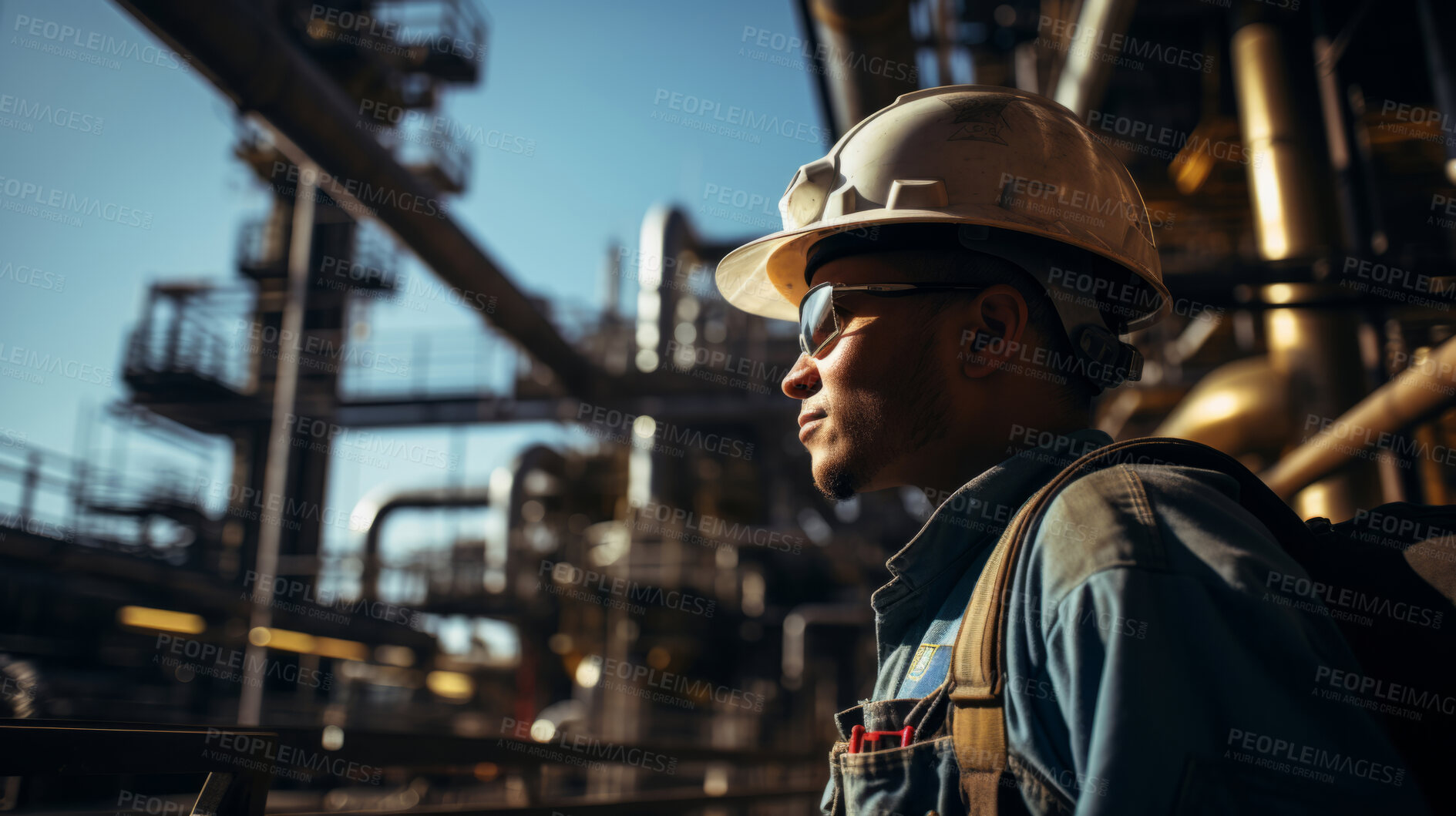 Buy stock photo Portrait of man, oil rig engineer wearing glasses, in industrial plant.