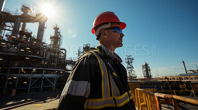Wide portrait of man, oil rig engineer in industrial plant.