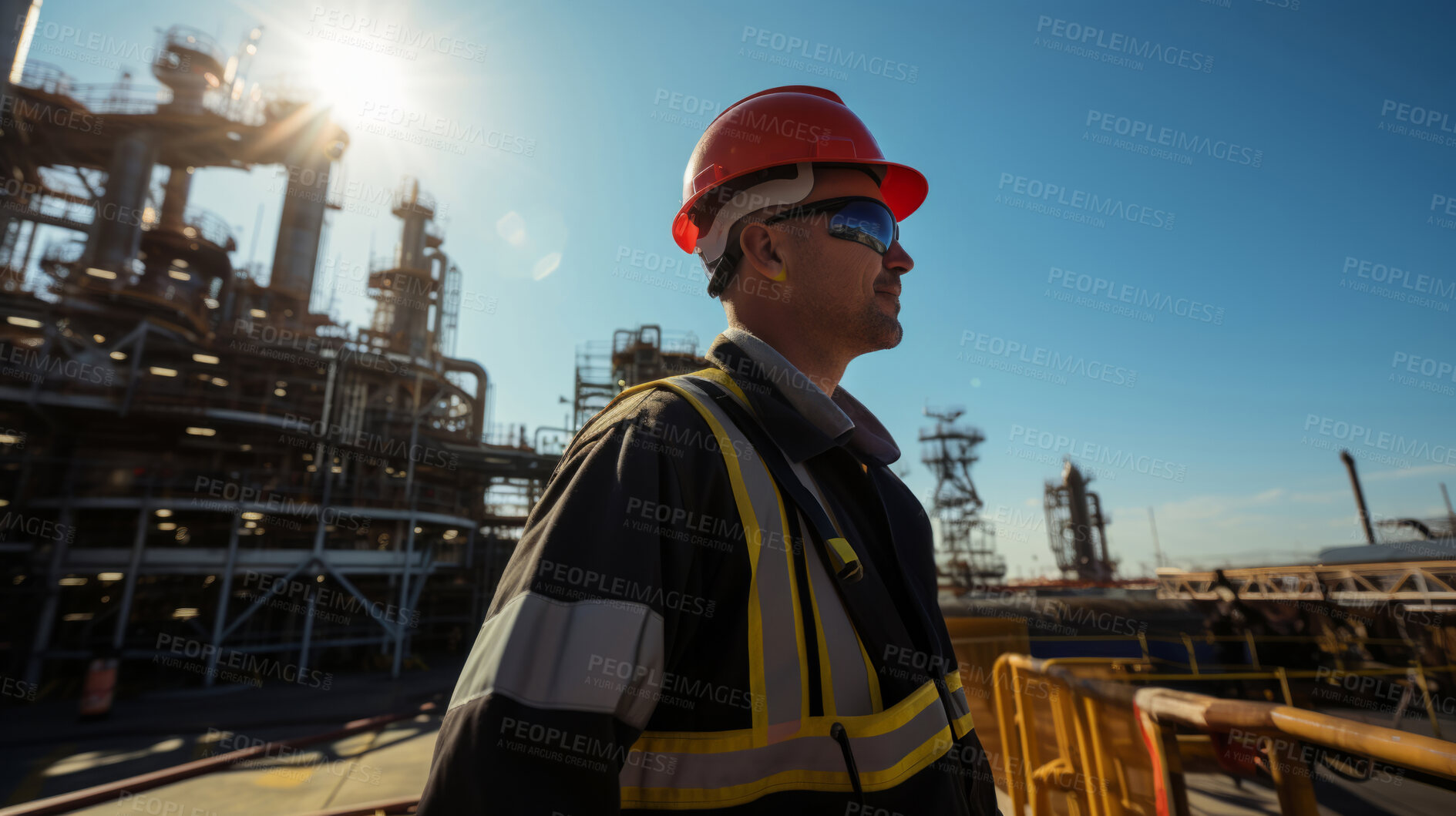 Buy stock photo Wide portrait of man, oil rig engineer in industrial plant.