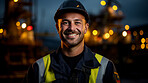 Portrait of a man, happy oil rig worker in industrial plant. At night.