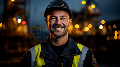 Portrait of a man, happy oil rig worker in industrial plant. At night.