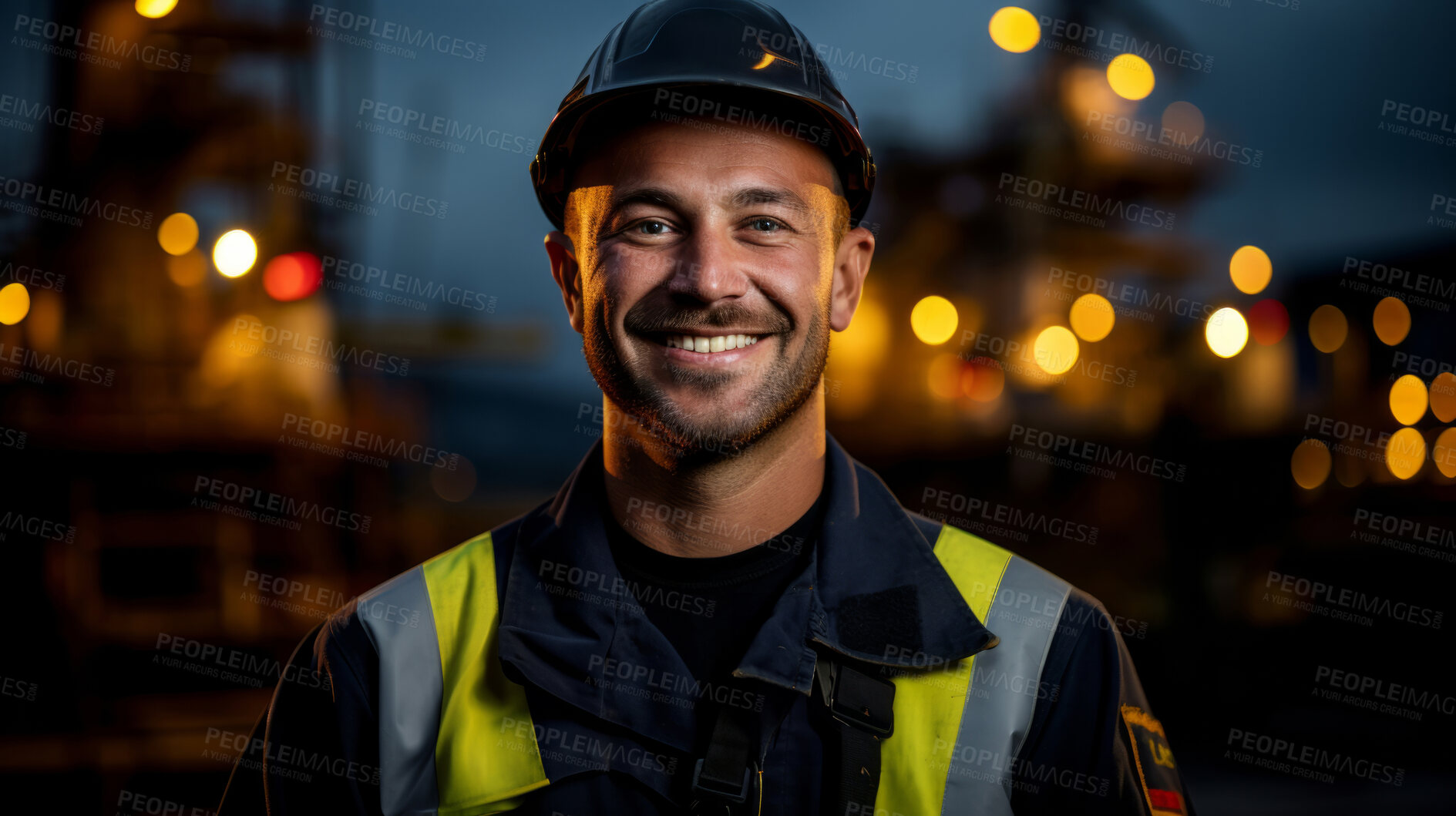 Buy stock photo Portrait of a man, happy oil rig worker in industrial plant. At night.