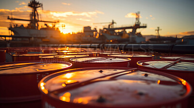 Close-up of oil barrels on port. Sunset, golden hour. Oil export concept.