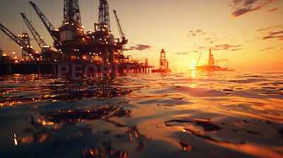 Low angle of offshore oil rig. Sunset, golden hour at sea.