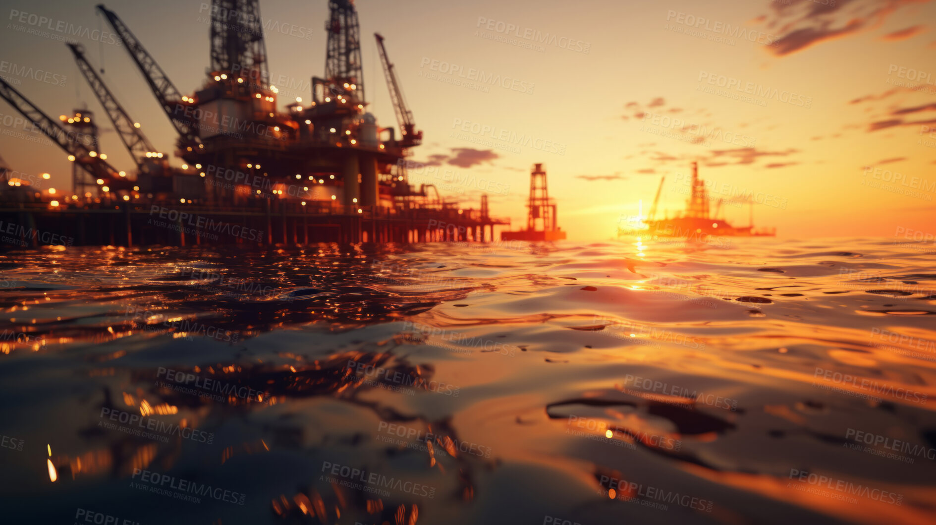 Buy stock photo Low angle of offshore oil rig. Sunset, golden hour at sea.