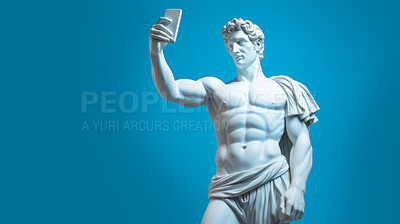 Sculpture or statue of David taking a selfie on a cellphone against a blue background