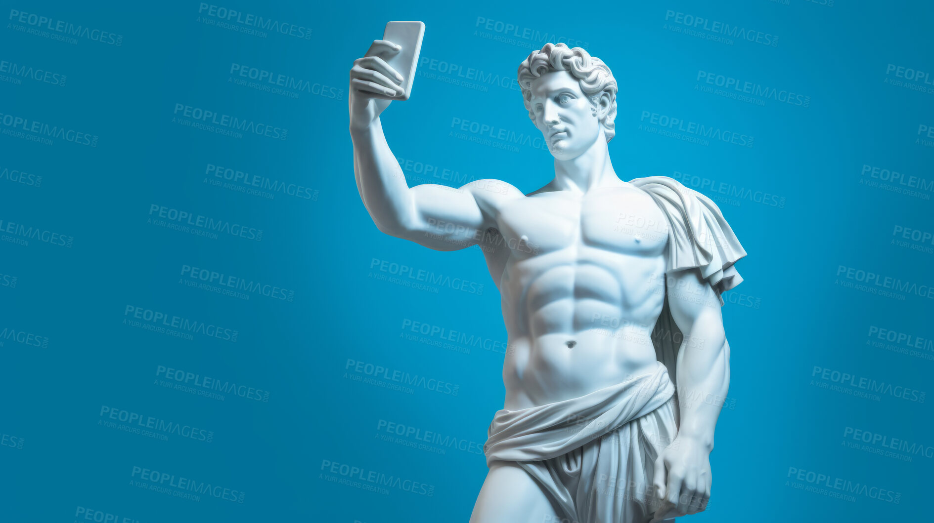 Buy stock photo Sculpture or statue of David taking a selfie on a cellphone against a blue background