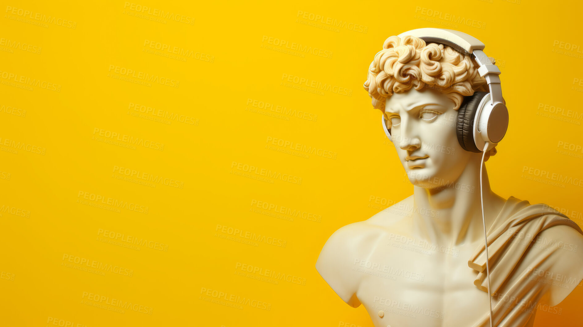 Buy stock photo Sculpture or statue of David wearing headphones on yellow background