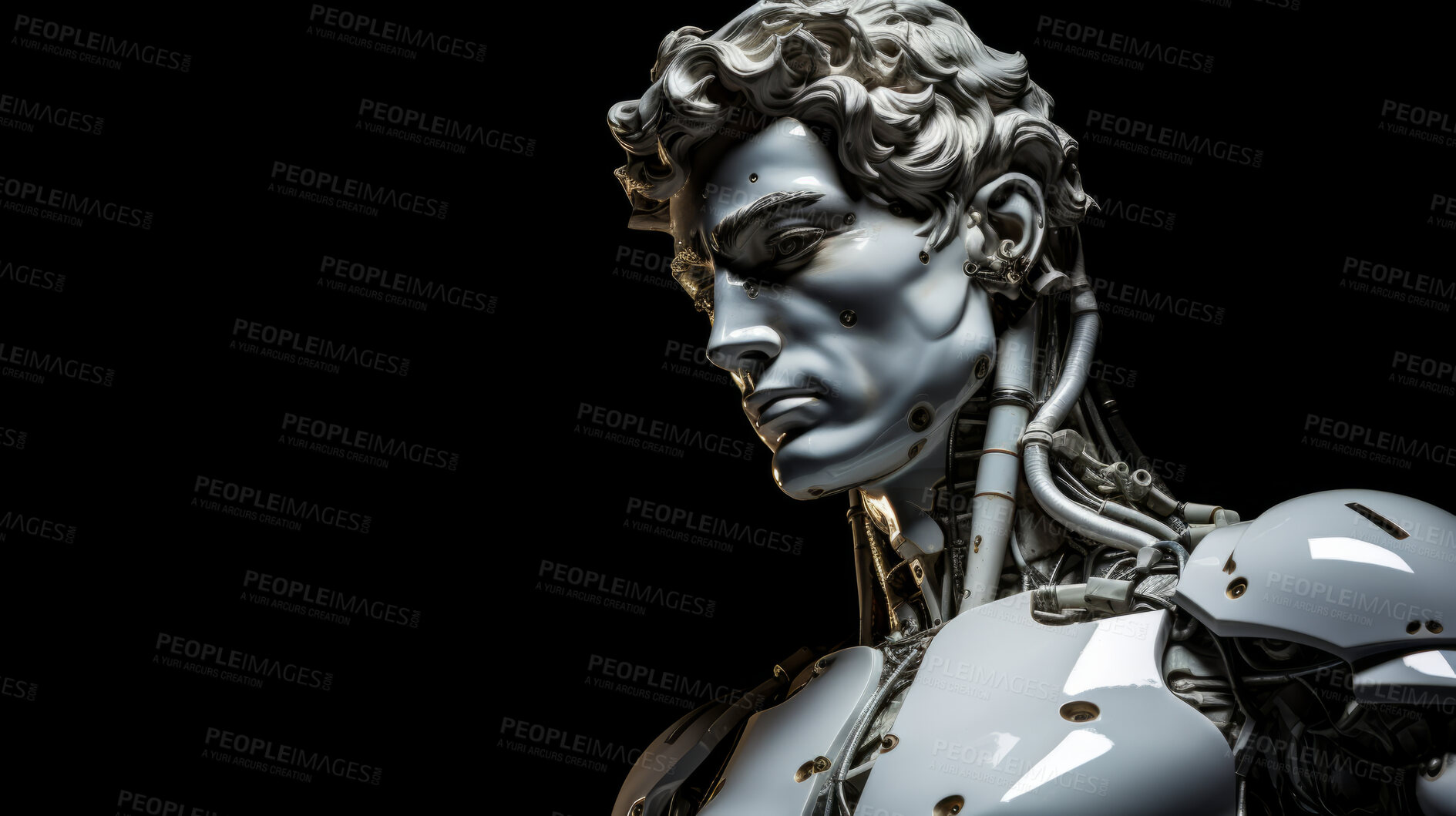 Buy stock photo Futuristic cyborg or robot Sculpture or statue of David on a dark background