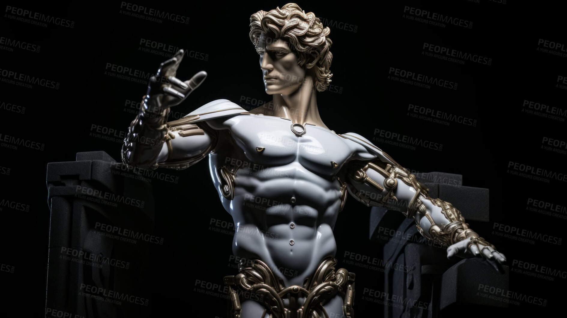 Buy stock photo Futuristic cyborg or robot Sculpture or statue of David on a dark background