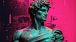 Futuristic cyberpunk Sculpture or statue of David on a pink and dark background