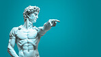 Sculpture or statue of David pointing and looking on a blue background