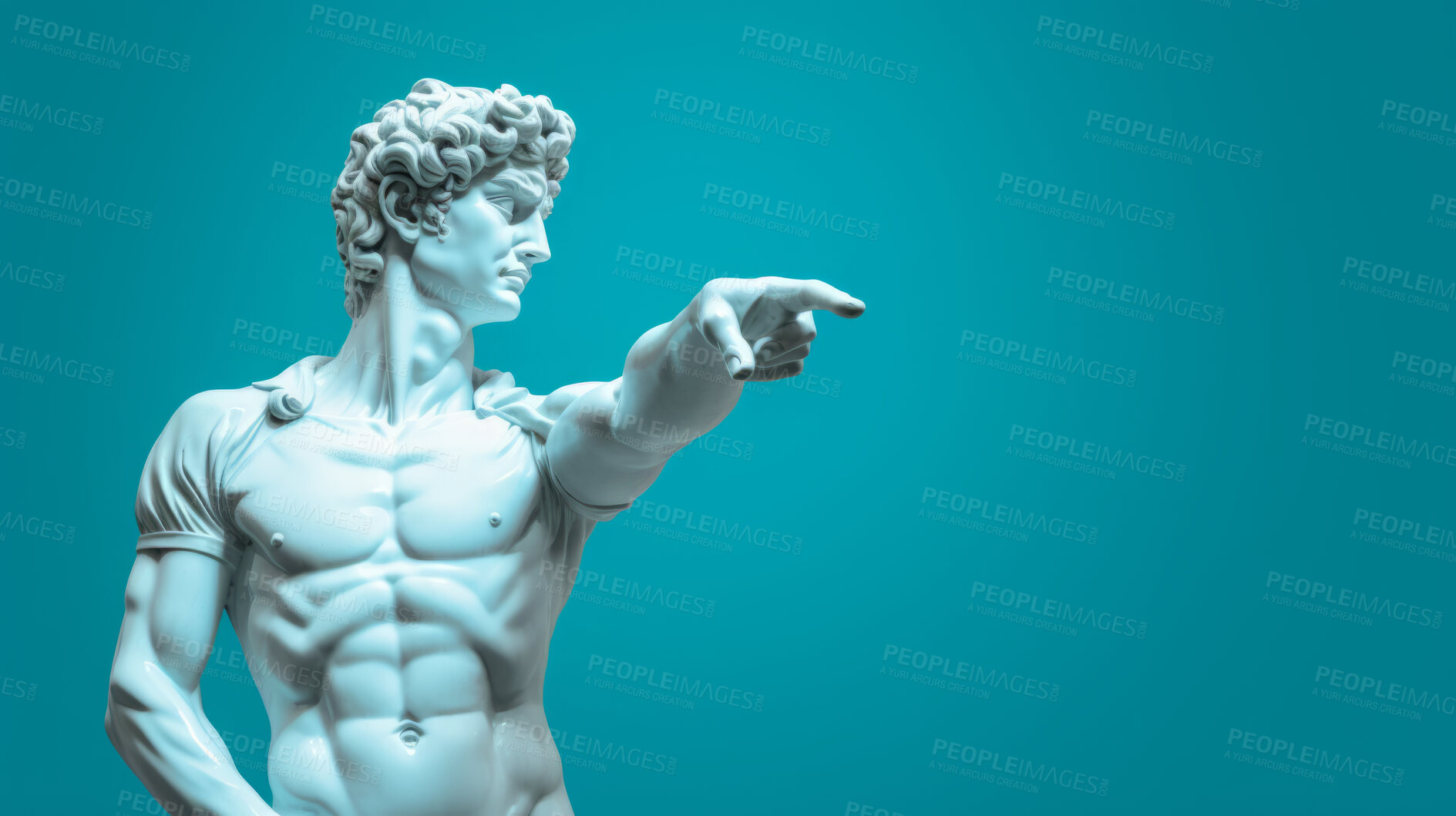 Buy stock photo Sculpture or statue of David pointing and looking on a blue background