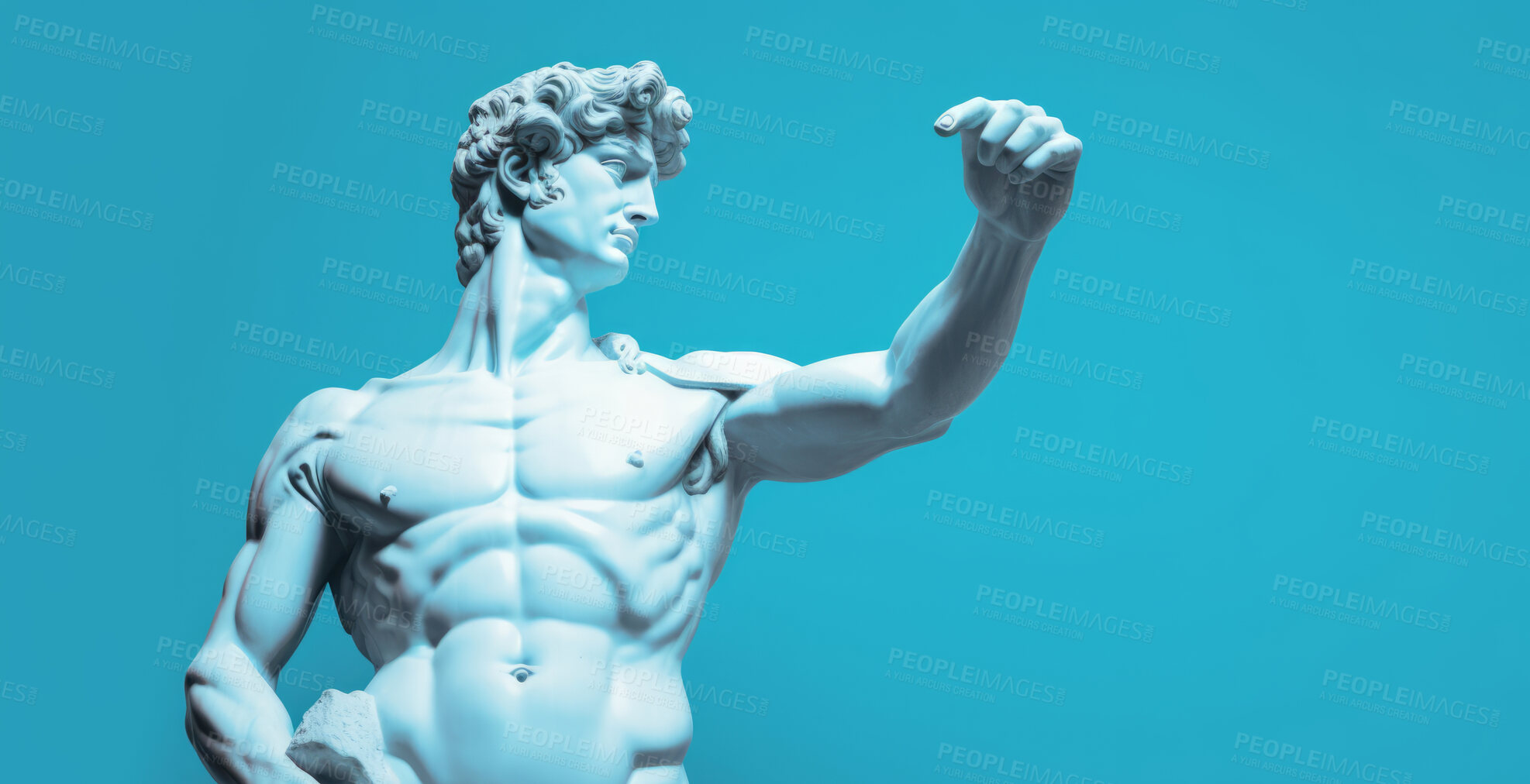 Buy stock photo Sculpture or statue of David pointing and looking on a blue background