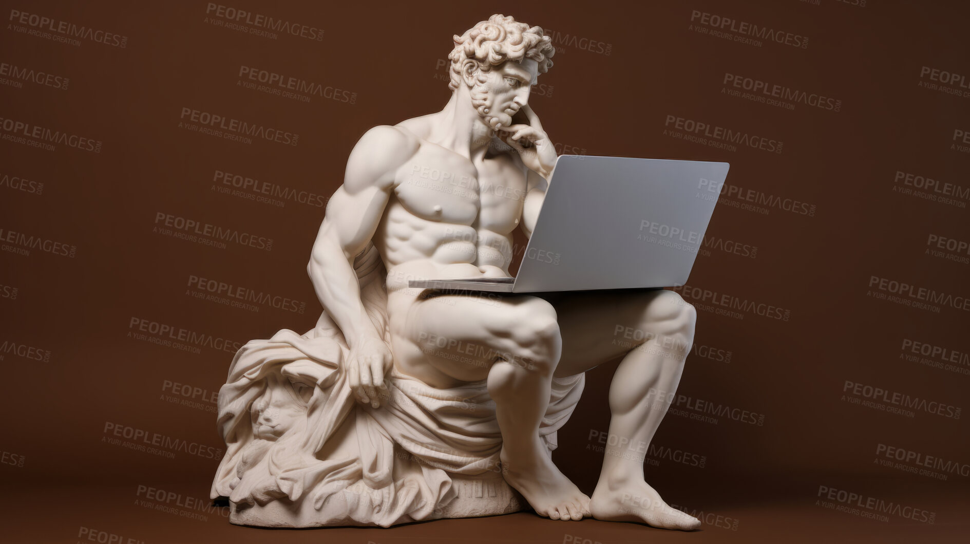 Buy stock photo Sculpture or statue of David working on a modern laptop on a brown background