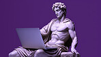 Sculpture or statue of David working on a modern laptop on a purple background