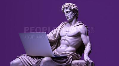 Buy stock photo Sculpture or statue of David working on a modern laptop on a purple background