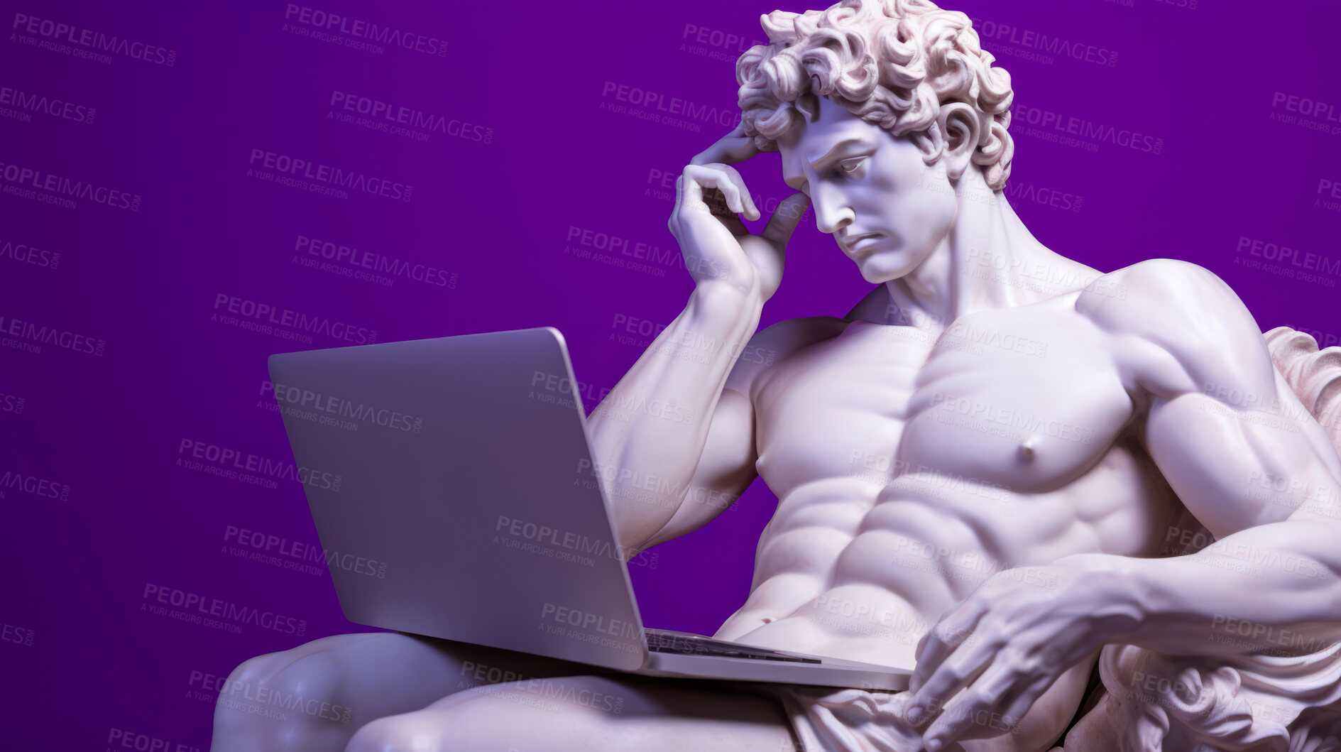 Buy stock photo Sculpture or statue of David working on a modern laptop on a purple background