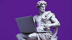 Sculpture or statue of David working on a modern laptop on a purple background