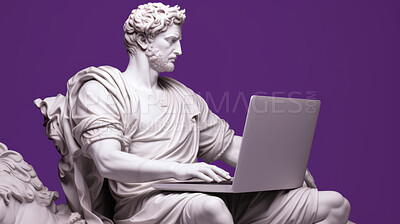 Buy stock photo Sculpture or statue of David working on a modern laptop on a purple background