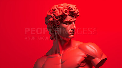 Buy stock photo Sculpture or statue of David with angry or annoyed expression on red background